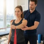 Align HC physiotherapist guiding a patient through a resistance band shoulder exercise