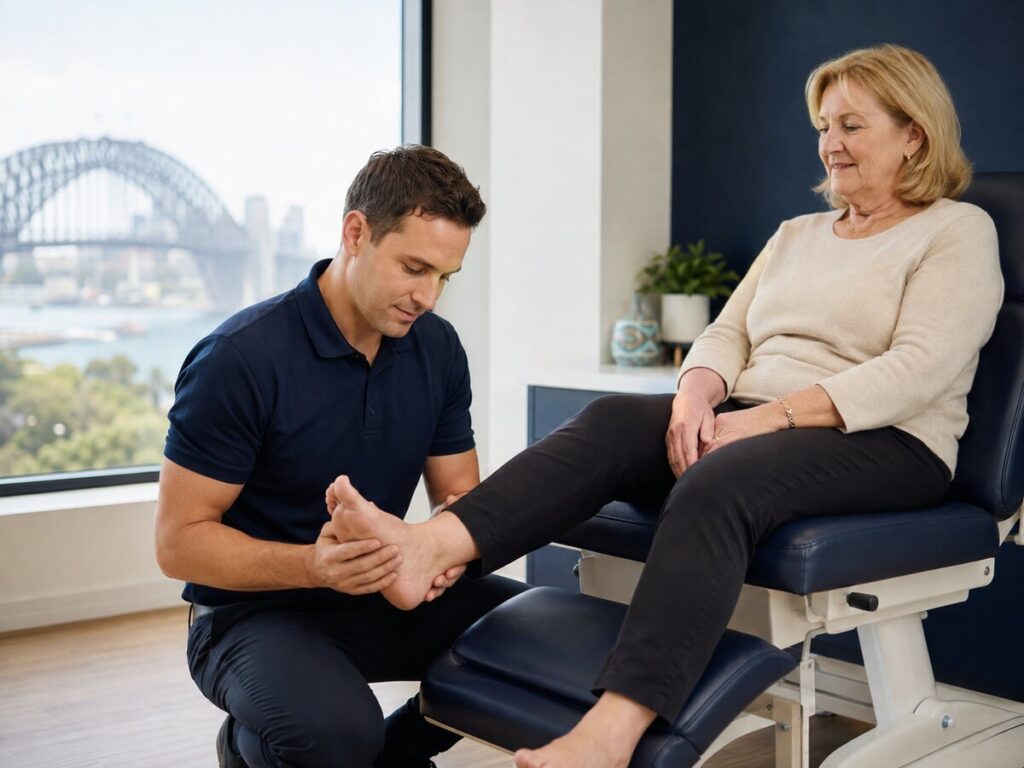 Align HC podiatrist assessing a patient's foot in a Sydney clinic